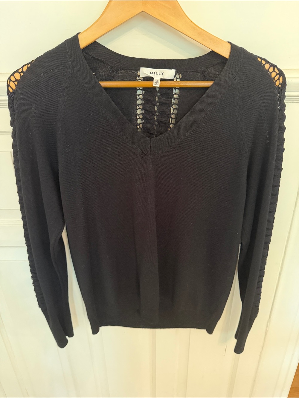 Milly Black V-Neck Openwork-Sleeve Knit Pullover